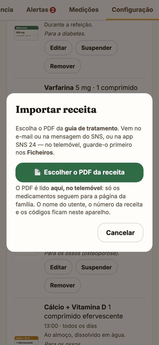 A janela Importar receita, com o botão Escolher o PDF da receita