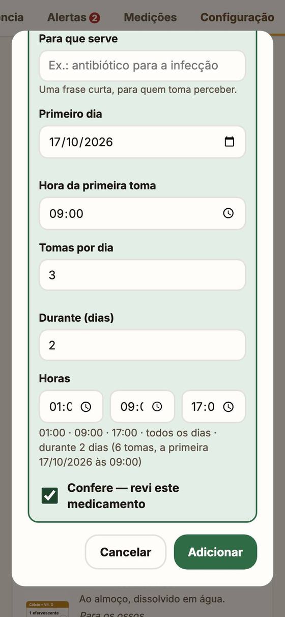 O fim do cartão: hora da primeira toma 09:00, as três horas calculadas e Confere marcado