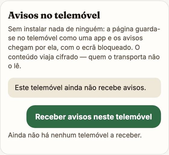 O cartão Avisos no telemóvel, com o botão Receber avisos neste telemóvel