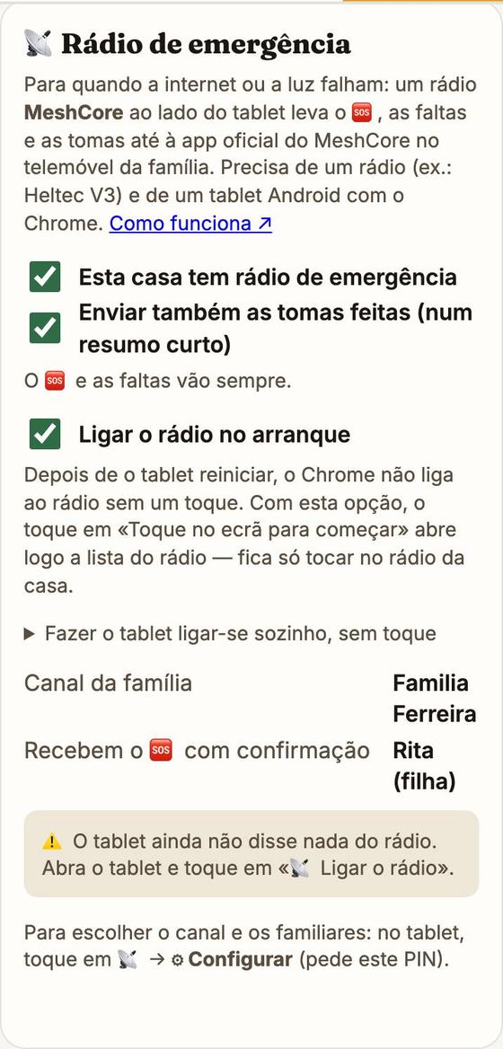 O cartão Rádio de emergência na Configuração