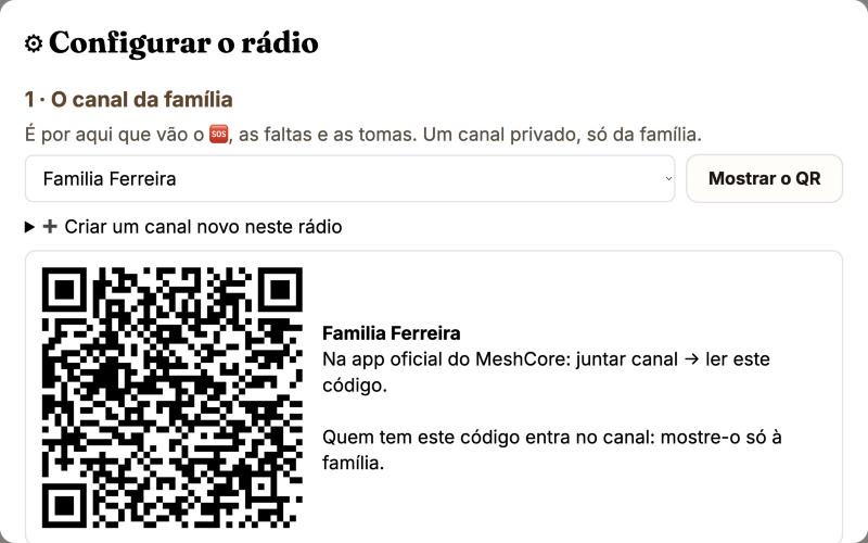 A configuração do rádio no tablet, com o canal da família e o seu código QR