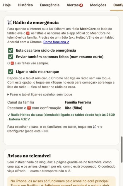 O cartão Rádio de emergência na Configuração: ligar, tomas feitas, ligar o rádio no arranque, canal e estado