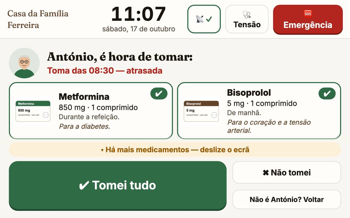 O tablet a mostrar a toma do António: Metformina, Bisoprolol e Amoxicilina, e o botão grande Tomei tudo