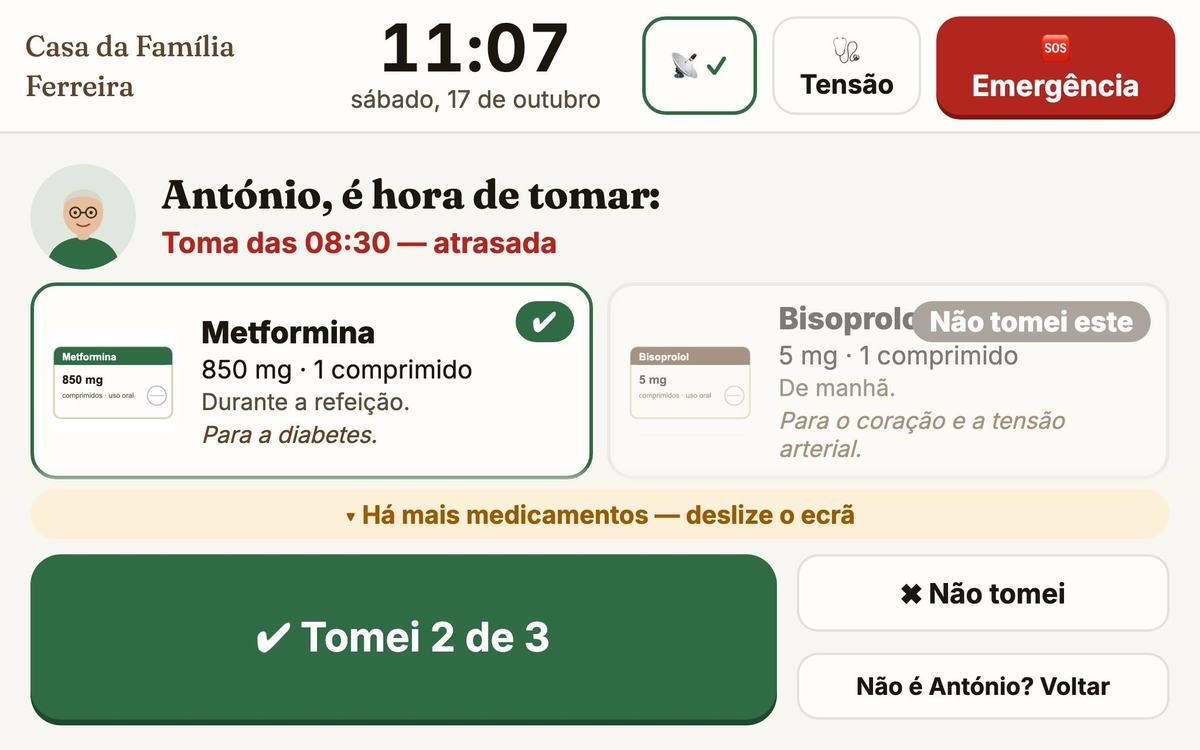 O Bisoprolol marcado com Não tomei este e o botão a dizer Tomei 2 de 3