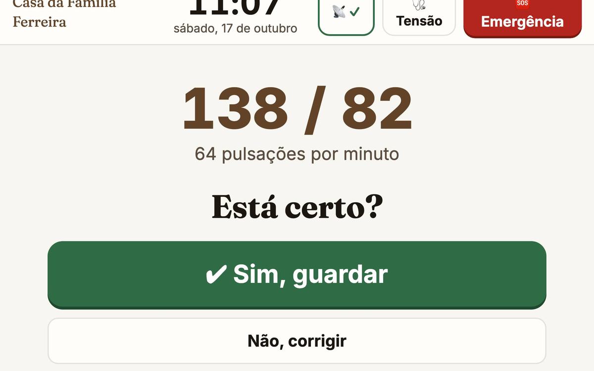 138 / 82, 64 pulsações por minuto, e a pergunta Está certo?
