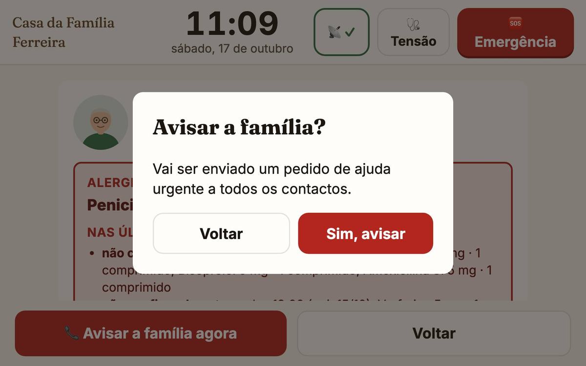 A pergunta Avisar a família? com os botões Voltar e Sim, avisar