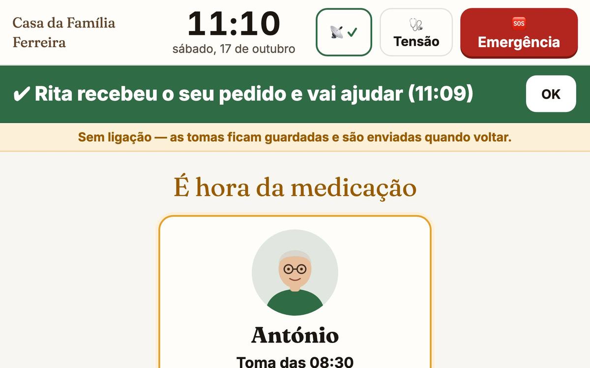 O tablet com a faixa Sem ligação — as tomas ficam guardadas e são enviadas quando voltar